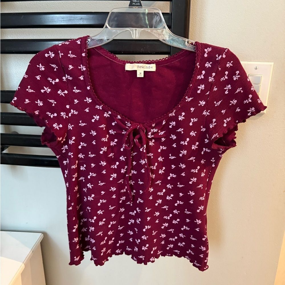 Rewind Burgundy Floral Juniors Top, medium